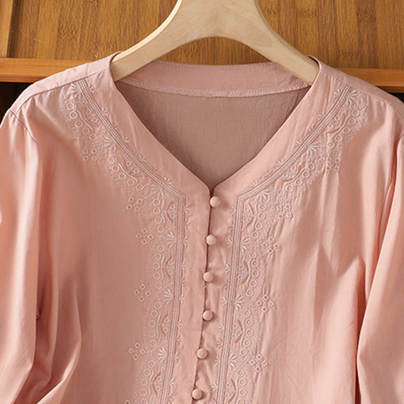 Symmetrical Embroidery Cotton Women's V-neck Shirt - Image 31