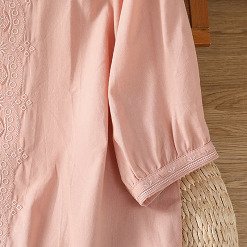 Symmetrical Embroidery Cotton Women's V-neck Shirt - Image 29