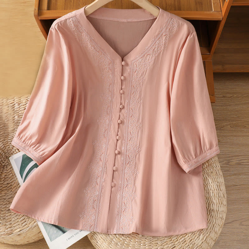 Symmetrical Embroidery Cotton Women's V-neck Shirt - Image 27