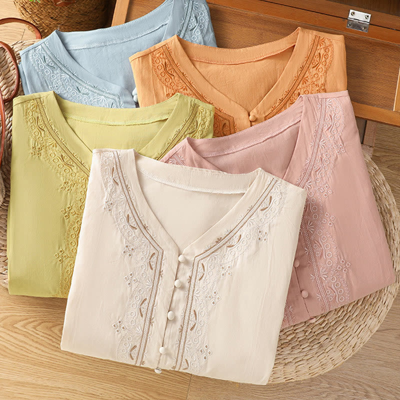 Symmetrical Embroidery Cotton Women's V-neck Shirt - Image 34
