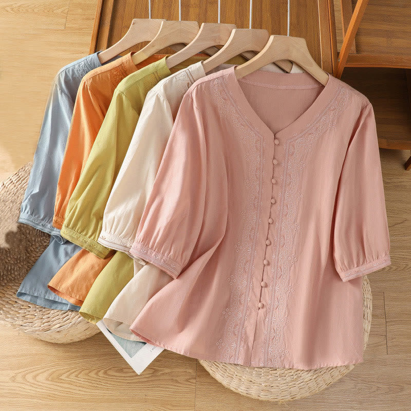 Symmetrical Embroidery Cotton Women's V-neck Shirt - Image 33