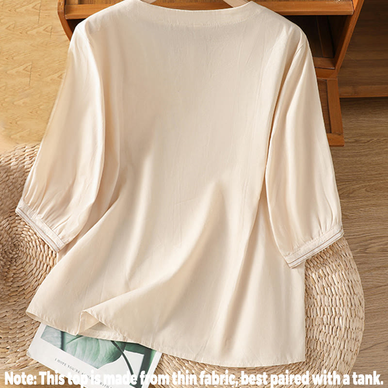 Symmetrical Embroidery Cotton Women's V-neck Shirt - Image 2