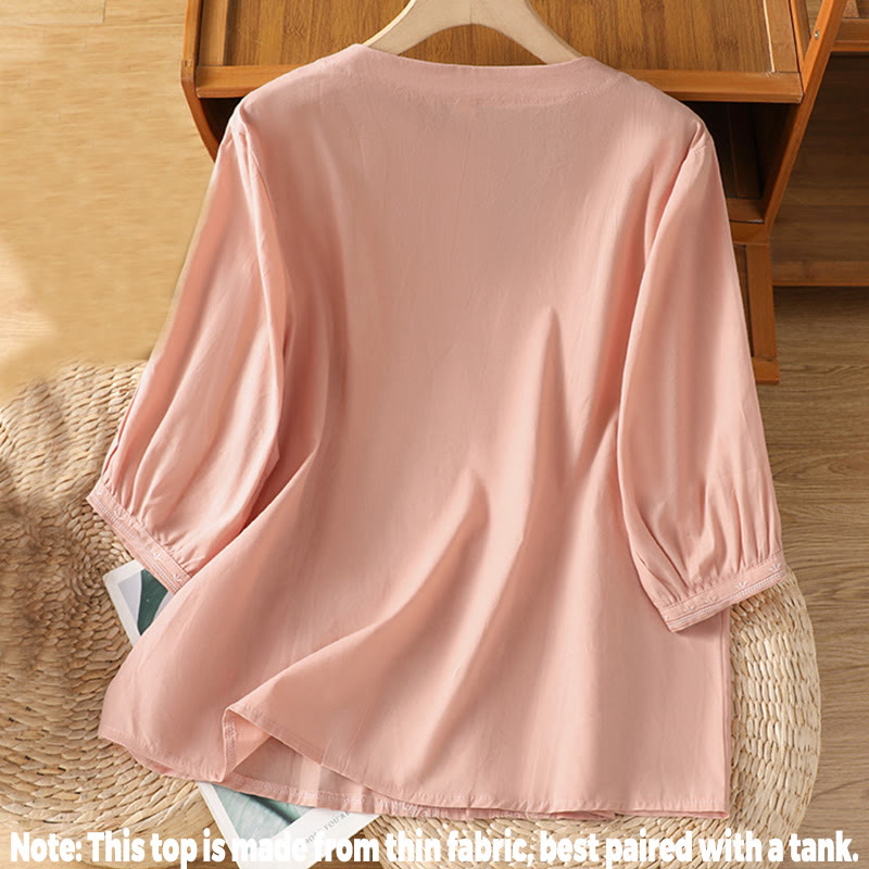 Symmetrical Embroidery Cotton Women's V-neck Shirt - Image 28