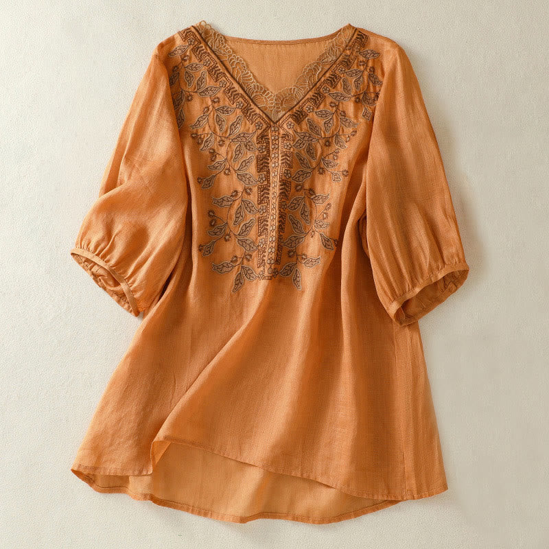 Embroidered Lace Casual Women's Cotton Linen Half Sleeve T-shirt