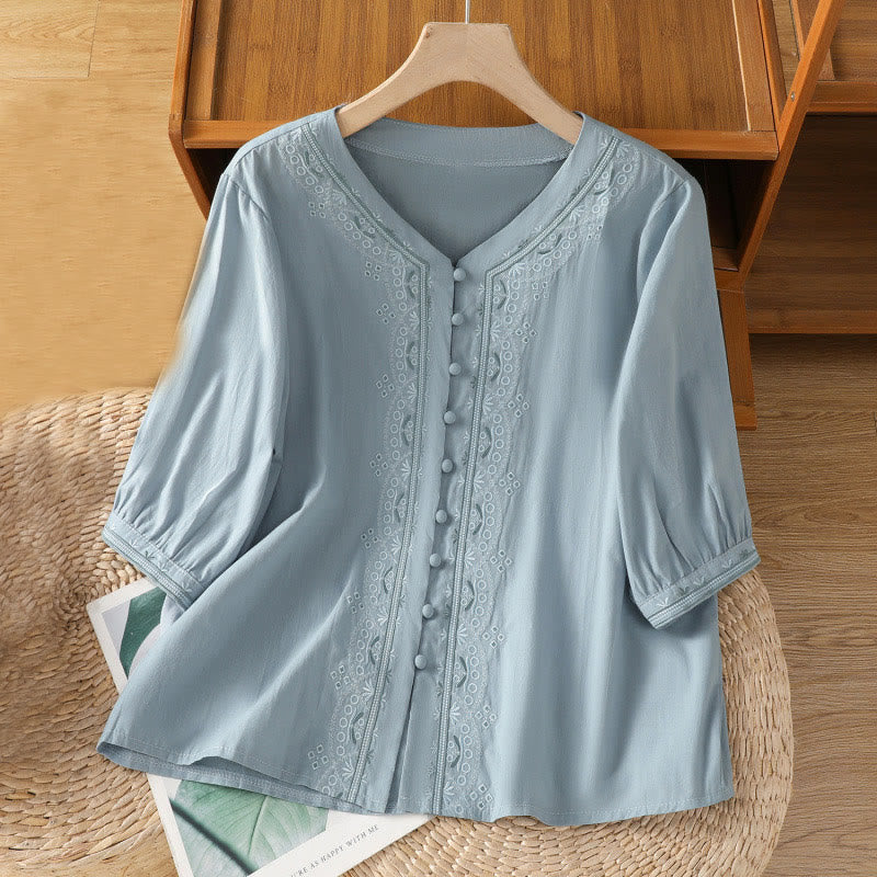 Symmetrical Embroidery Cotton Women's V-neck Shirt - Image 6