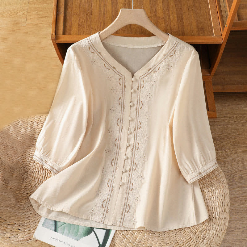 Symmetrical Embroidery Cotton Women's V-neck Shirt