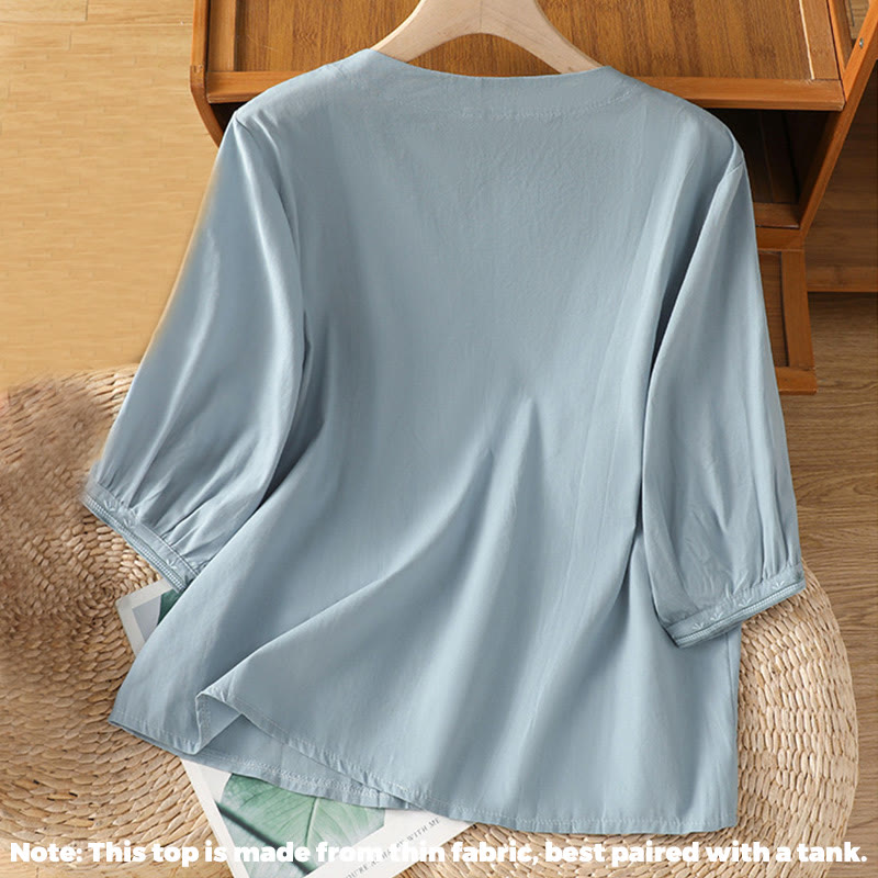 Symmetrical Embroidery Cotton Women's V-neck Shirt - Image 7