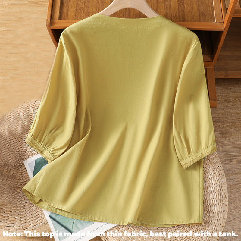 Symmetrical Embroidery Cotton Women's V-neck Shirt - Image 15