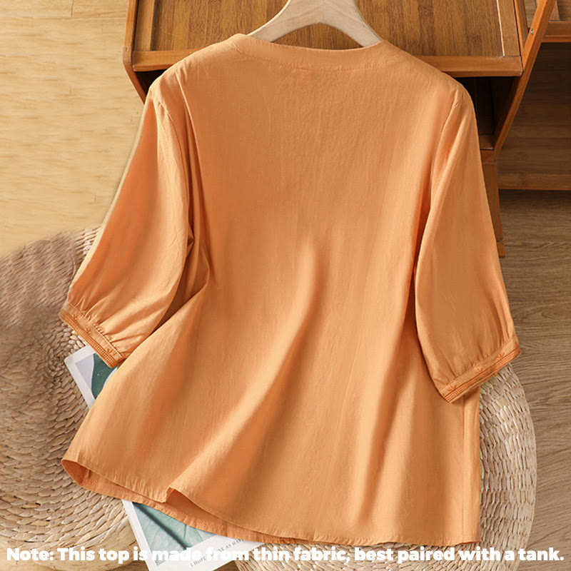 Symmetrical Embroidery Cotton Women's V-neck Shirt - Image 21