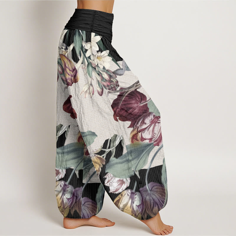 Pure Cotton Tulips Green Leaves Design Women's Elastic Waist Harem Pants - Image 3