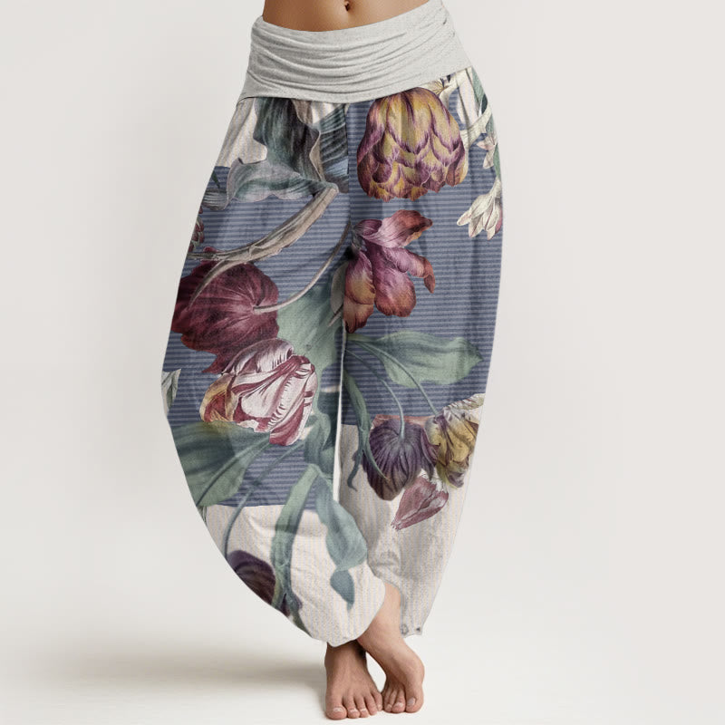 Pure Cotton Tulips Green Leaves Design Women's Elastic Waist Harem Pants - Image 7