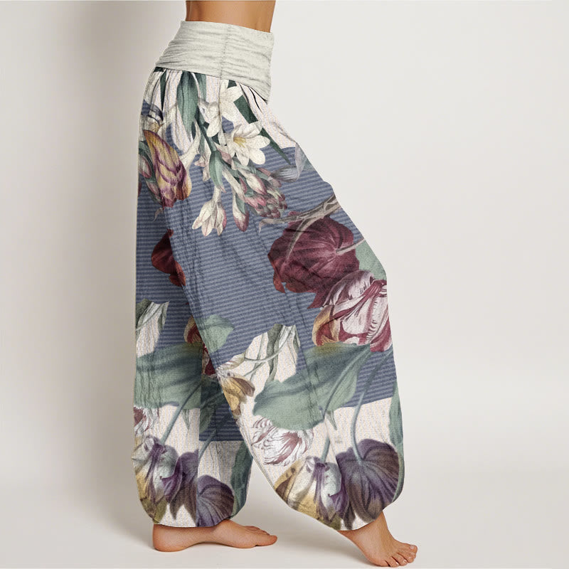 Pure Cotton Tulips Green Leaves Design Women's Elastic Waist Harem Pants - Image 9
