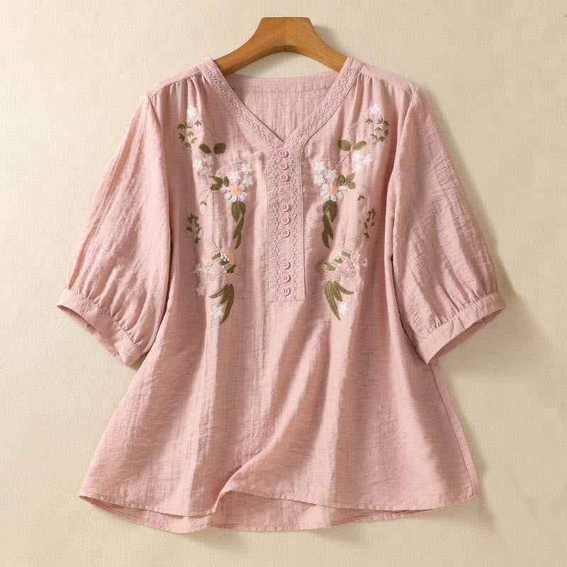 Embroidery Flowers Leaves Cotton Women's V-neck Shirt