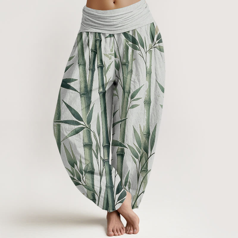 Pure Cotton Casual Bamboo Leaves Pattern Women's Elastic Waist Harem Pants