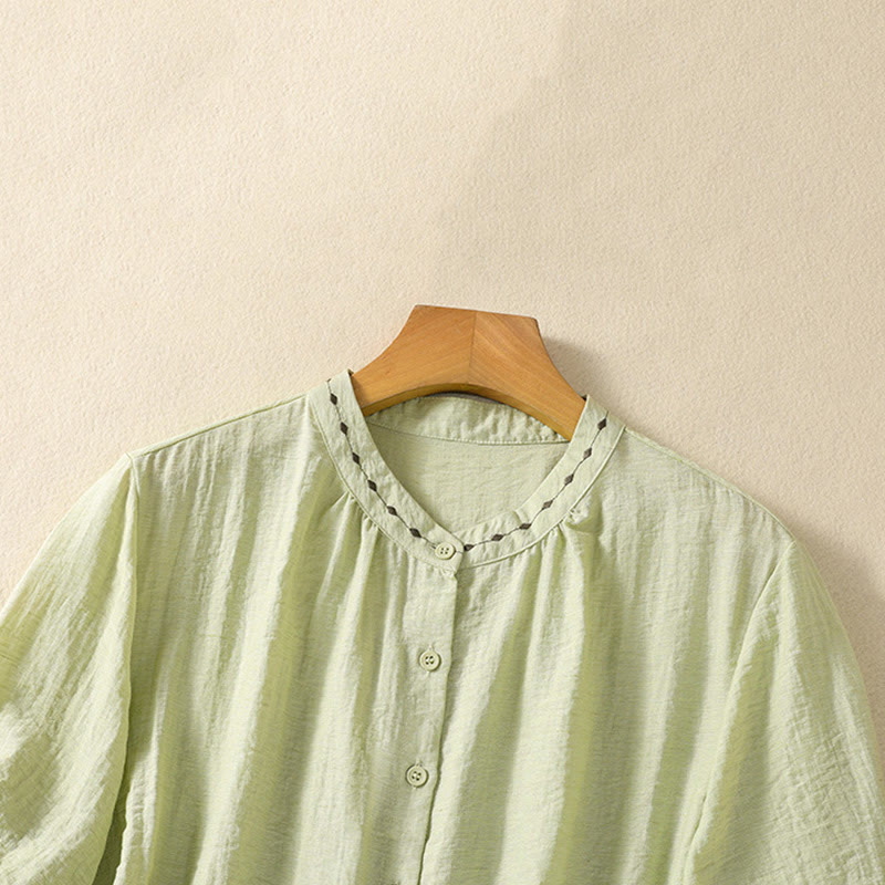 Embroidery Design Cotton Button Women's Crew Neck Shirt - Image 3