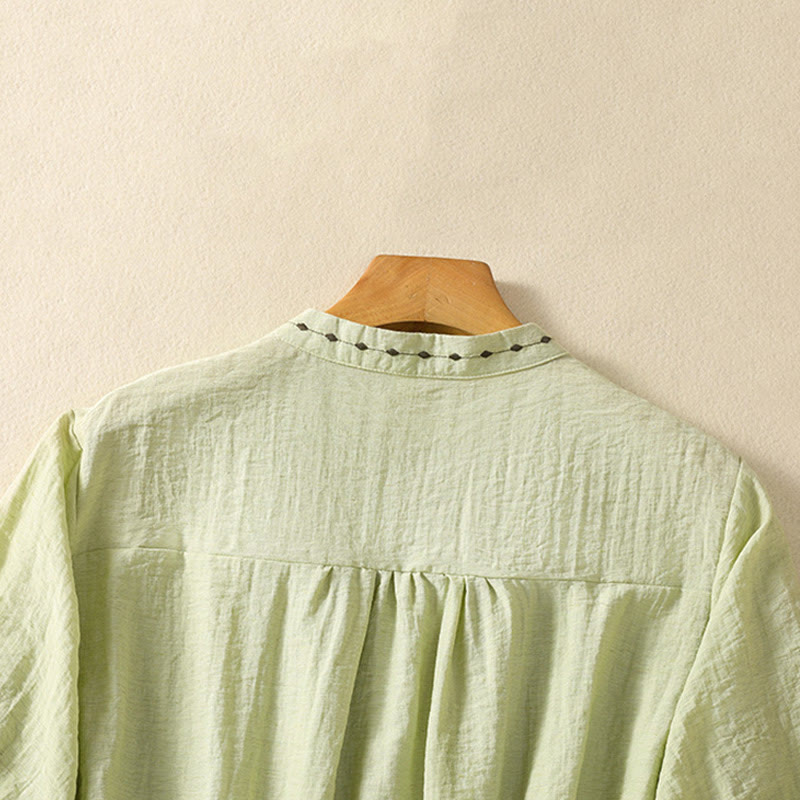 Embroidery Design Cotton Button Women's Crew Neck Shirt - Image 4