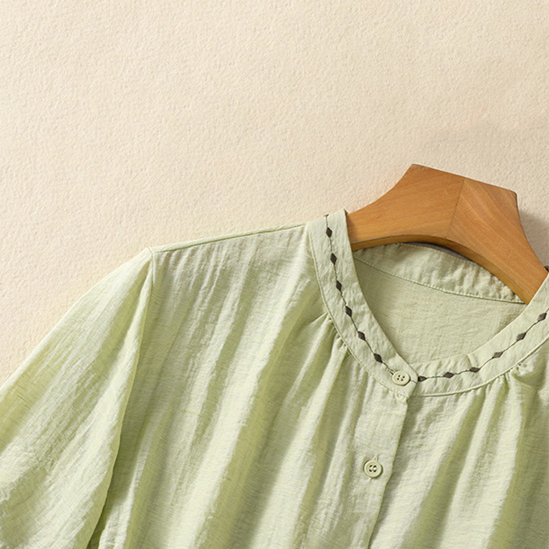 Embroidery Design Cotton Button Women's Crew Neck Shirt - Image 5