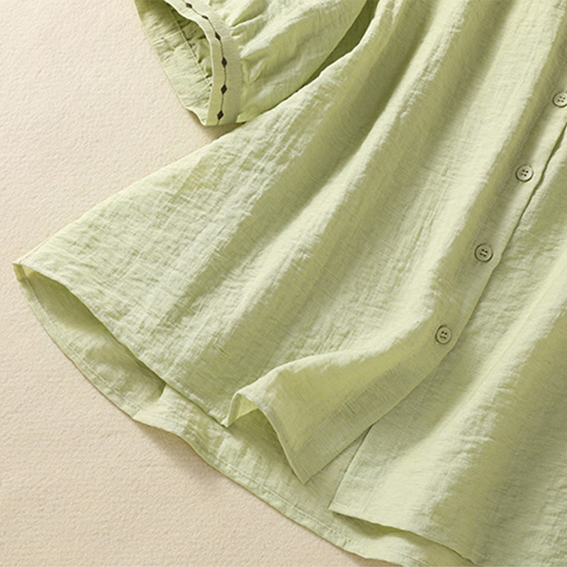 Embroidery Design Cotton Button Women's Crew Neck Shirt - Image 6