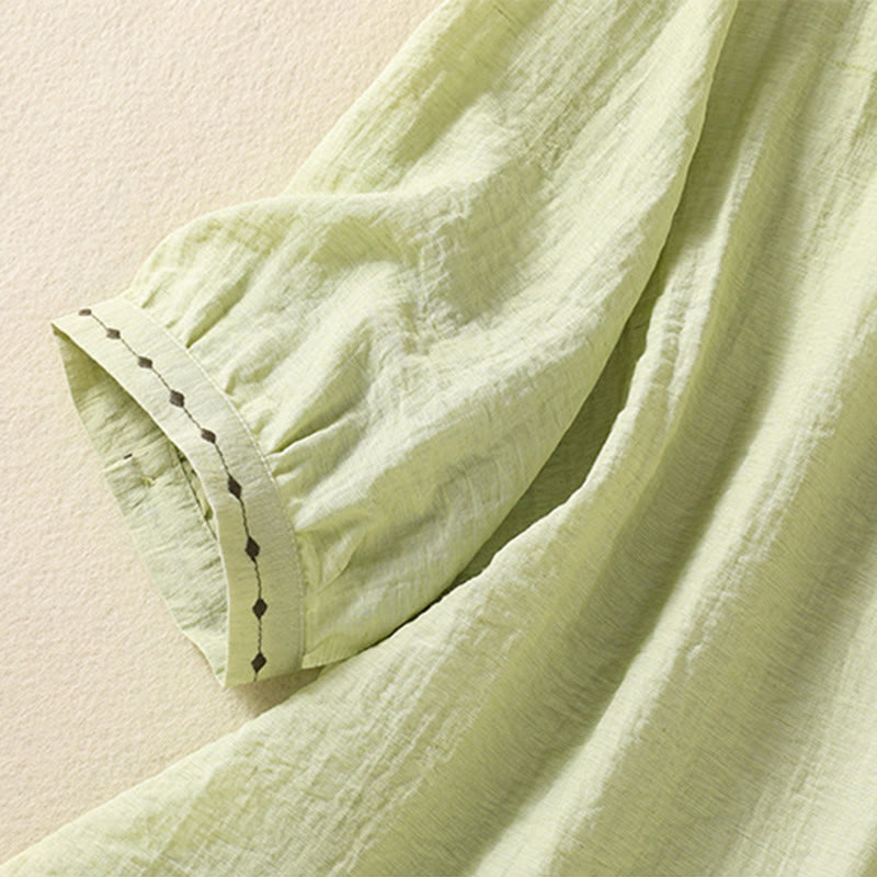 Embroidery Design Cotton Button Women's Crew Neck Shirt - Image 9