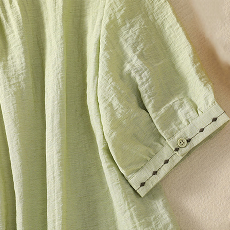 Embroidery Design Cotton Button Women's Crew Neck Shirt - Image 7