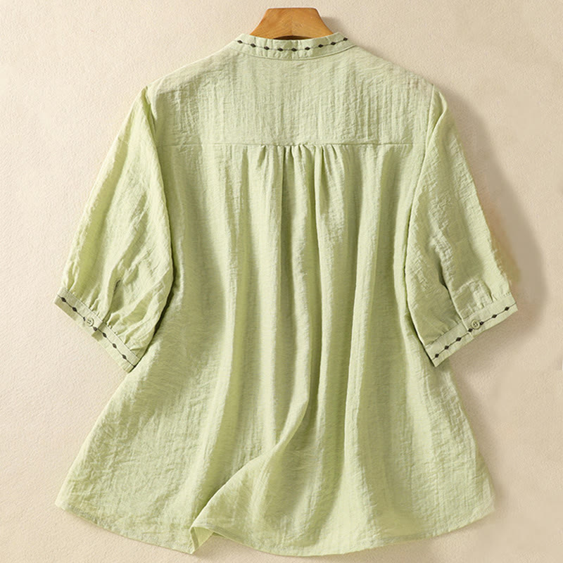 Embroidery Design Cotton Button Women's Crew Neck Shirt - Image 2