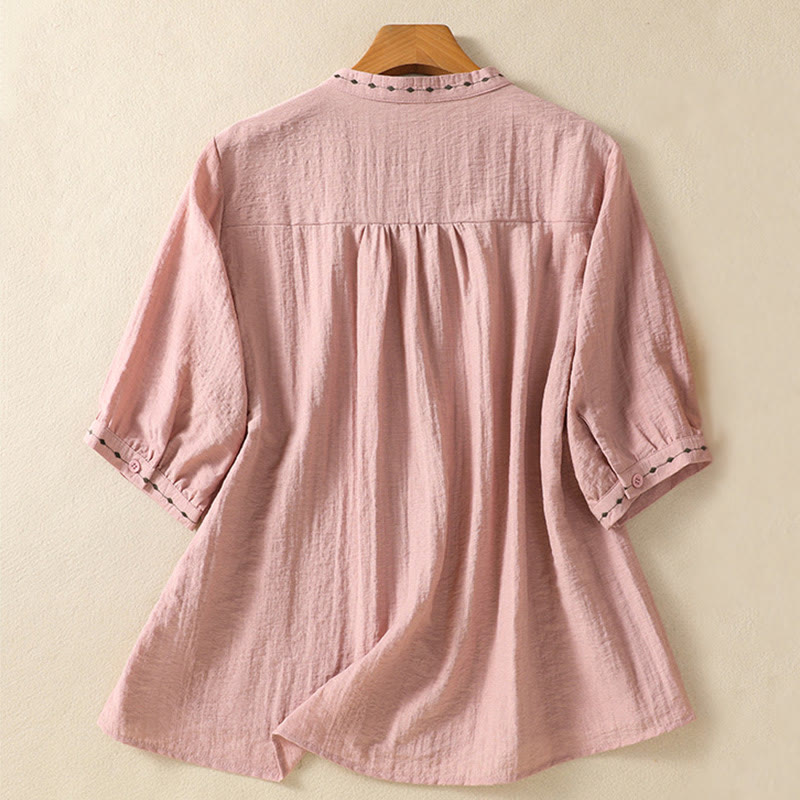 Embroidery Design Cotton Button Women's Crew Neck Shirt - Image 11