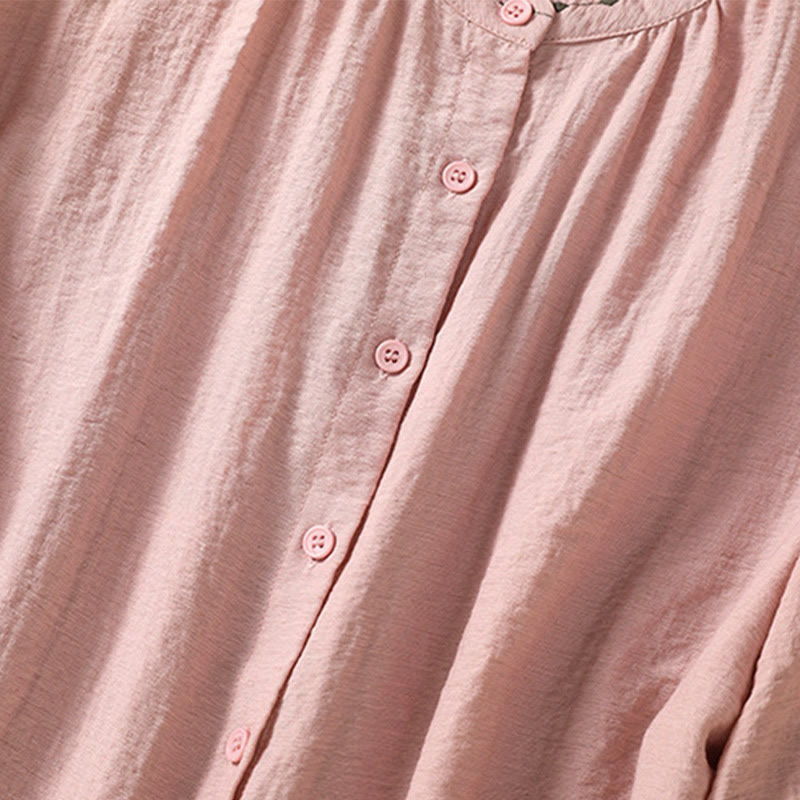 Embroidery Design Cotton Button Women's Crew Neck Shirt - Image 16