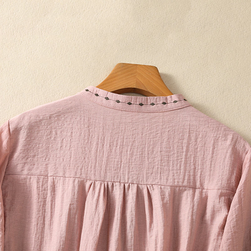 Embroidery Design Cotton Button Women's Crew Neck Shirt - Image 13