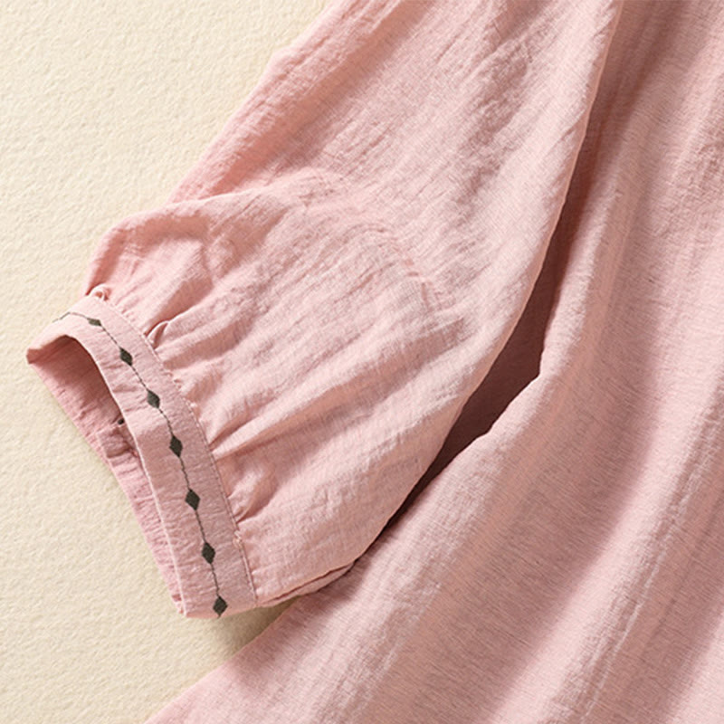 Embroidery Design Cotton Button Women's Crew Neck Shirt - Image 15