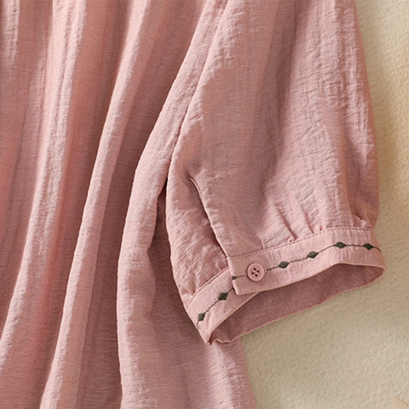 Embroidery Design Cotton Button Women's Crew Neck Shirt - Image 17