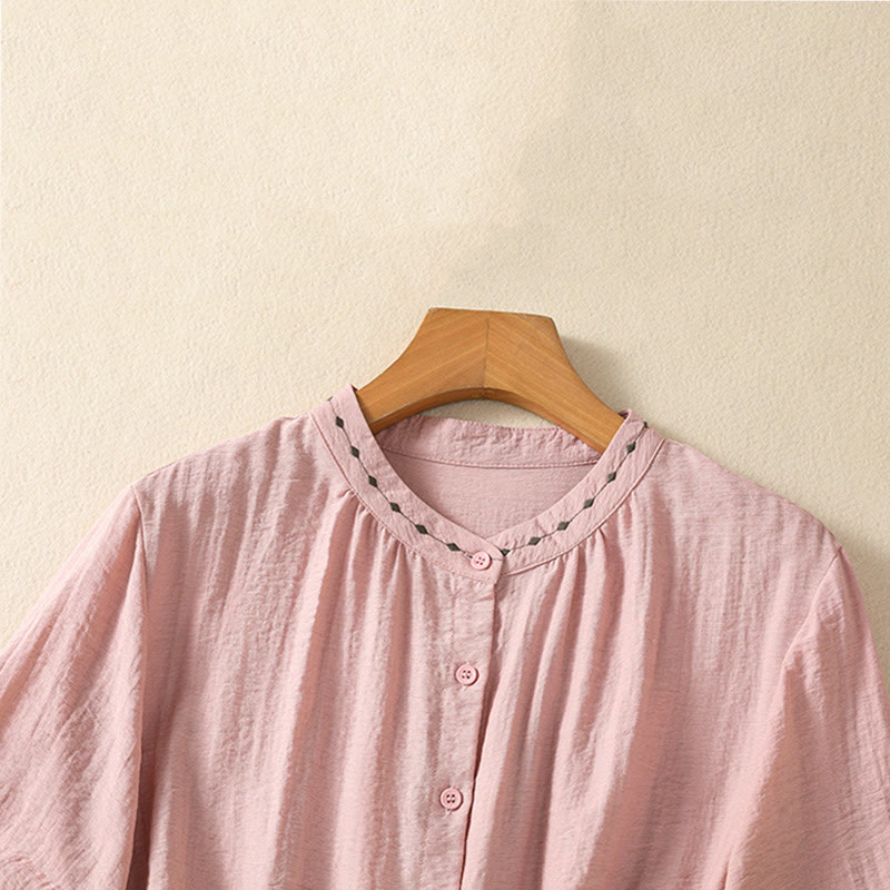 Embroidery Design Cotton Button Women's Crew Neck Shirt - Image 18