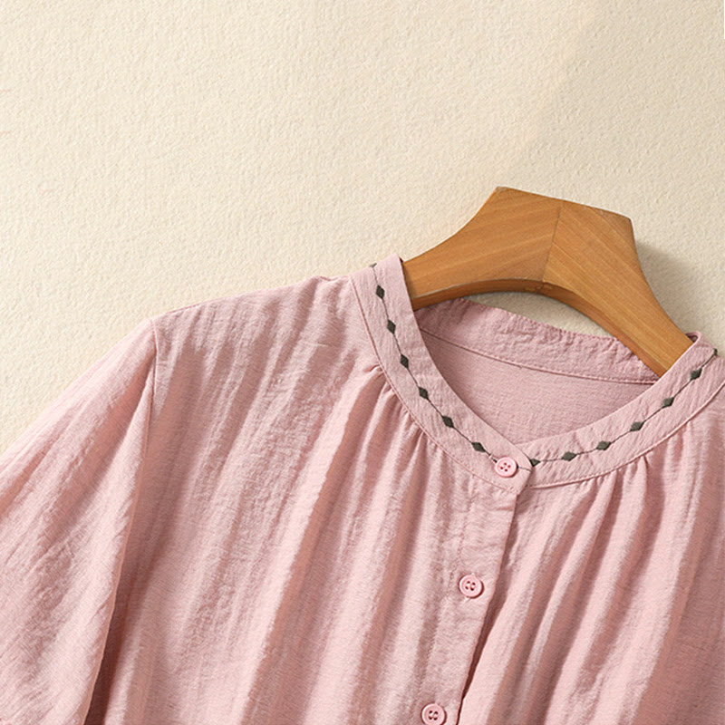 Embroidery Design Cotton Button Women's Crew Neck Shirt - Image 12