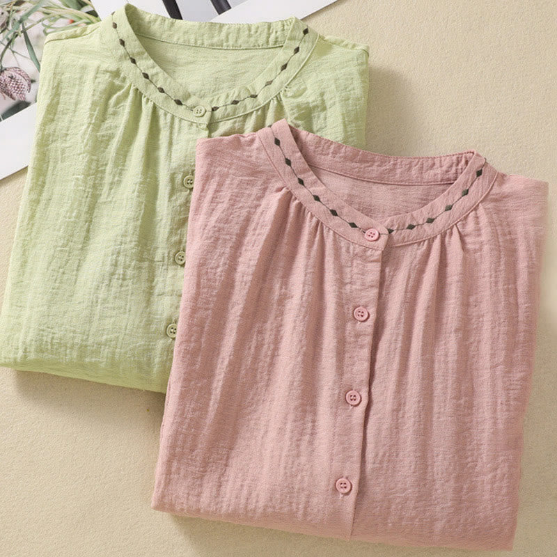 Embroidery Design Cotton Button Women's Crew Neck Shirt - Image 21