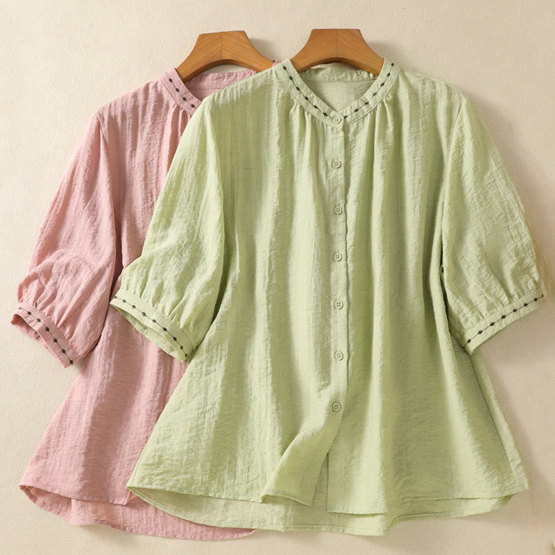 Embroidery Design Cotton Button Women's Crew Neck Shirt - Image 20