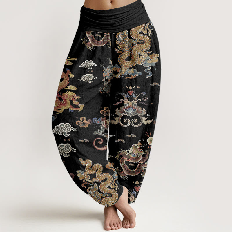 Pure Cotton Golden Dragons Auspicious Clouds Design Women's Elastic Waist Harem Pants