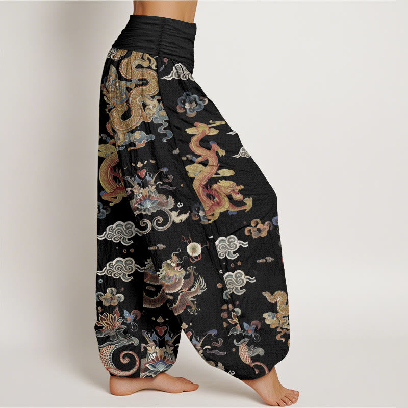 Pure Cotton Golden Dragons Auspicious Clouds Design Women's Elastic Waist Harem Pants - Image 3