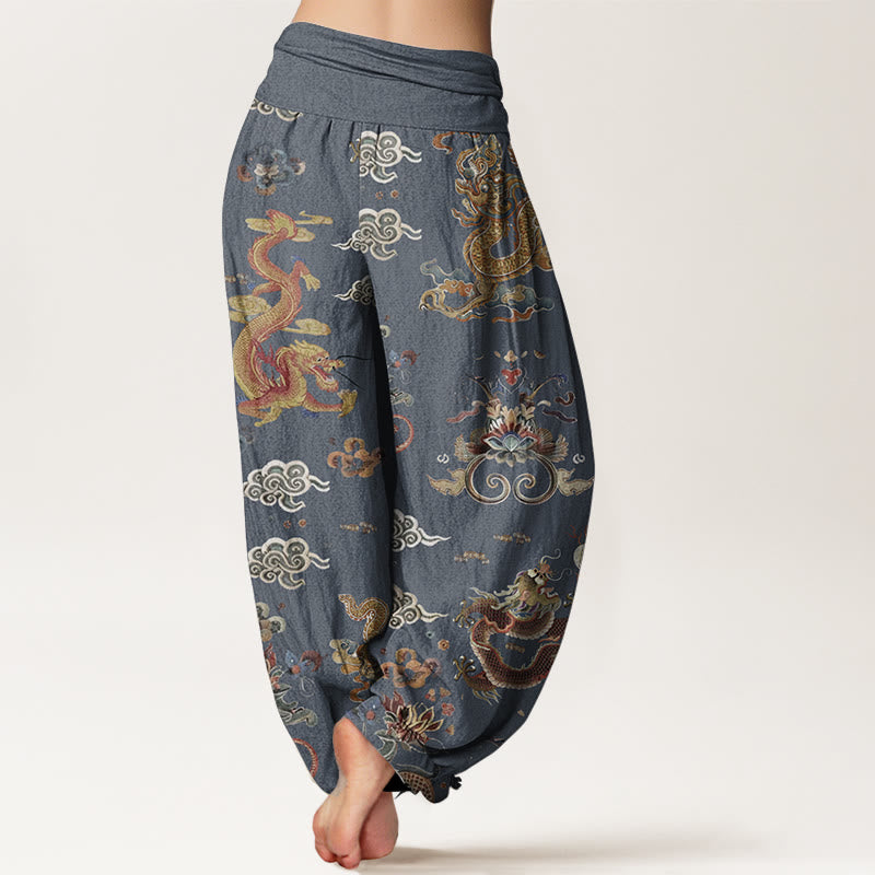 Pure Cotton Golden Dragons Auspicious Clouds Design Women's Elastic Waist Harem Pants - Image 8