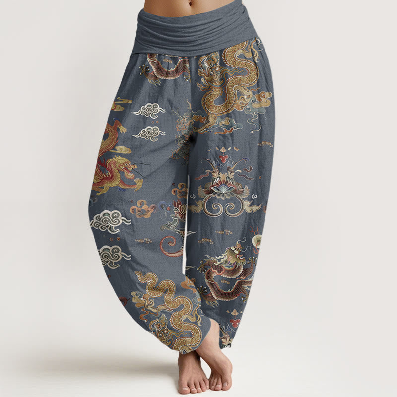 Pure Cotton Golden Dragons Auspicious Clouds Design Women's Elastic Waist Harem Pants - Image 7
