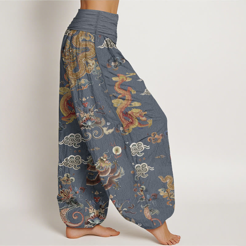 Pure Cotton Golden Dragons Auspicious Clouds Design Women's Elastic Waist Harem Pants - Image 9