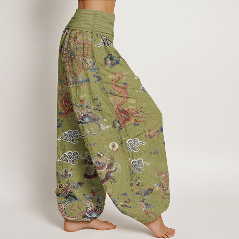 Pure Cotton Golden Dragons Auspicious Clouds Design Women's Elastic Waist Harem Pants - Image 12