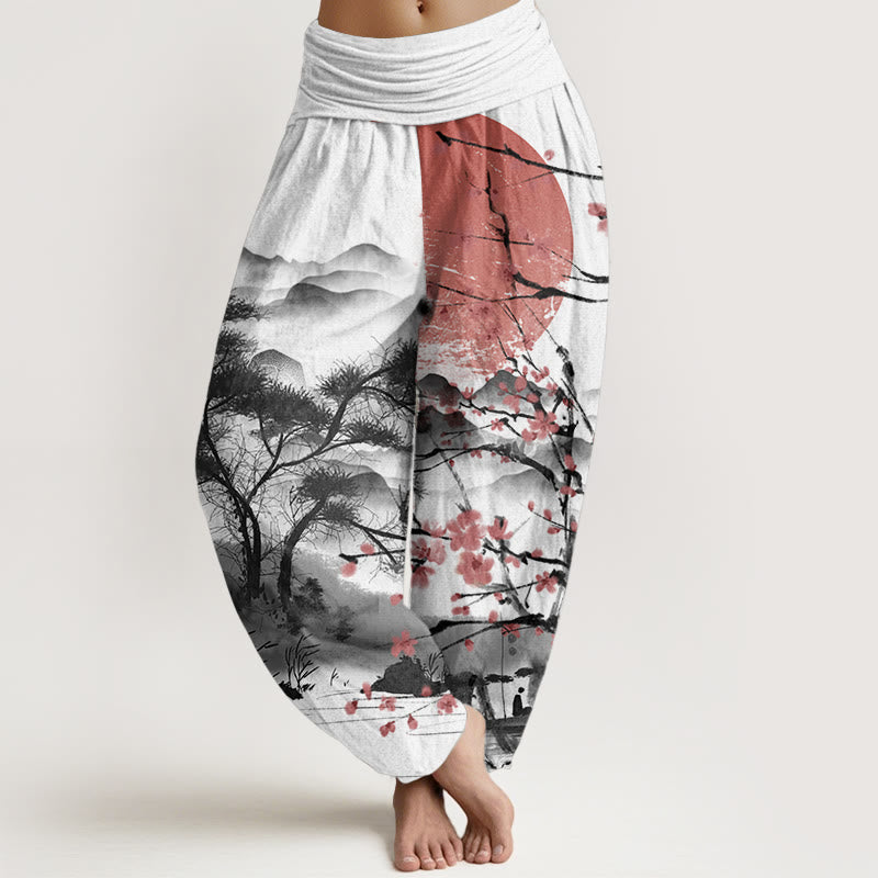 Pure Cotton Casual Red Plum Blossom Mountains Sun Pattern Women's Elastic Waist Harem Pants