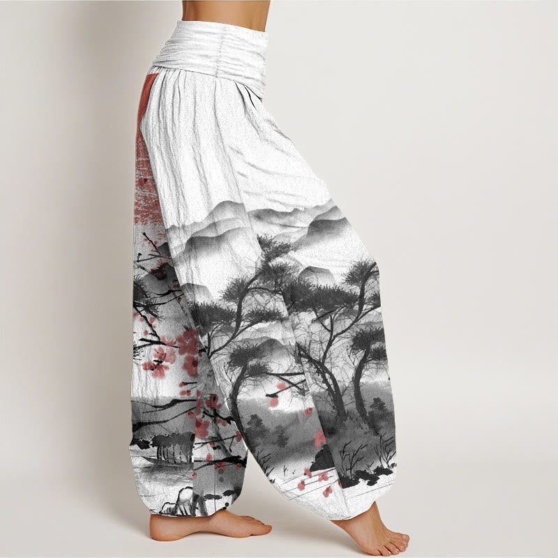 Pure Cotton Casual Red Plum Blossom Mountains Sun Pattern Women's Elastic Waist Harem Pants - Image 3