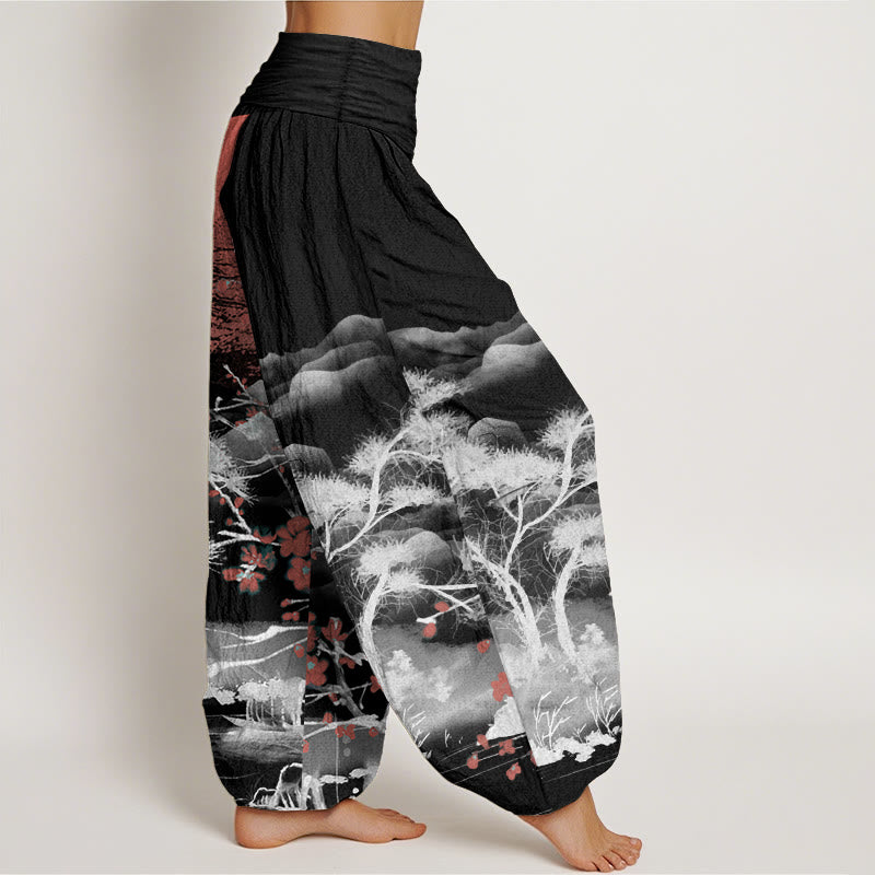 Pure Cotton Casual Red Plum Blossom Mountains Sun Pattern Women's Elastic Waist Harem Pants - Image 9