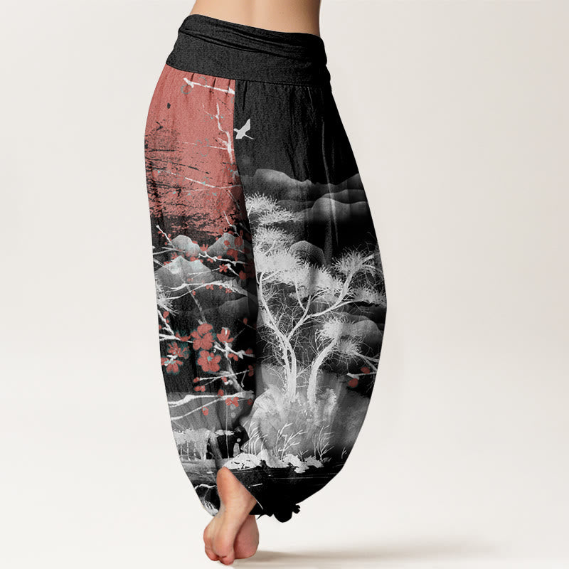 Pure Cotton Casual Red Plum Blossom Mountains Sun Pattern Women's Elastic Waist Harem Pants - Image 8