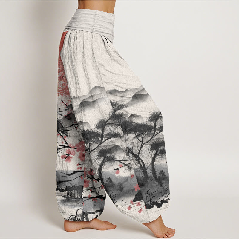 Pure Cotton Casual Red Plum Blossom Mountains Sun Pattern Women's Elastic Waist Harem Pants - Image 12