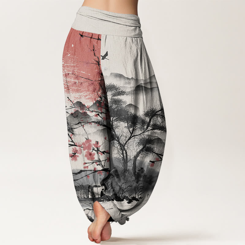 Pure Cotton Casual Red Plum Blossom Mountains Sun Pattern Women's Elastic Waist Harem Pants - Image 11