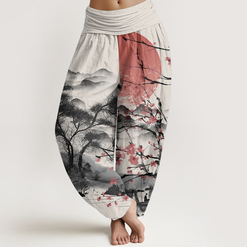 Pure Cotton Casual Red Plum Blossom Mountains Sun Pattern Women's Elastic Waist Harem Pants - Image 10