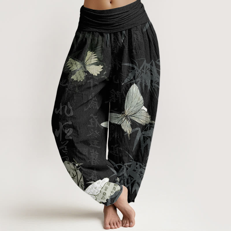 Pure Cotton Butterfly Bamboo Leaves Chinese Characters Pattern Women's Elastic Waist Harem Pants