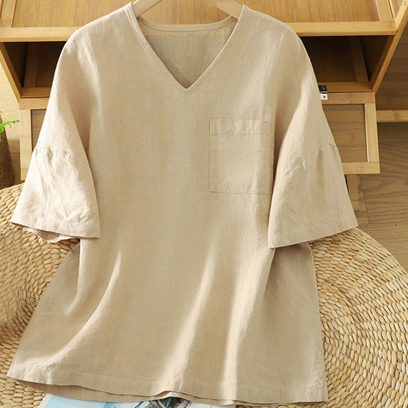 Casual Plain Women's Cotton Linen V-Neck T-shirt With Pocket