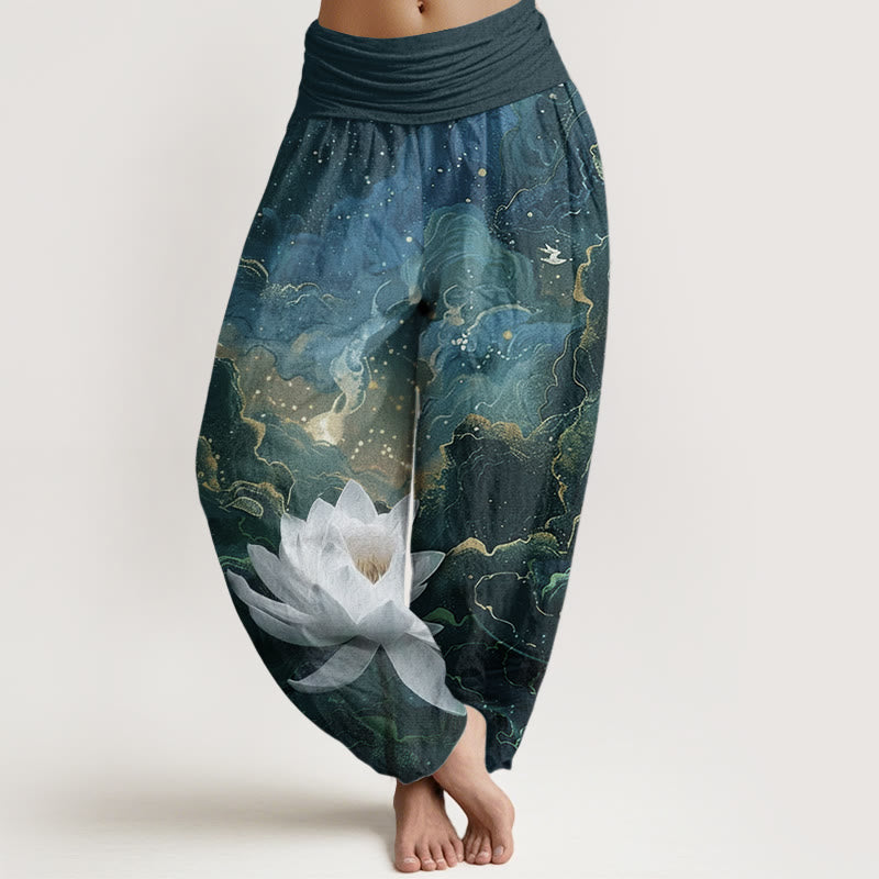 Pure Cotton Casual Lotus Starry Sky Clouds Pattern Women's Elastic Waist Harem Pants